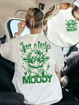 Just A Little Moody Print T-shirt Double Sided Highland Cow Graphic Short Sleeve Tops Women Spring Summer Casual Tee