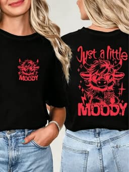 Just A Little Moody Print T-shirt Double Sided Highland Cow Graphic Short Sleeve Tops Women Spring Summer Casual Tee