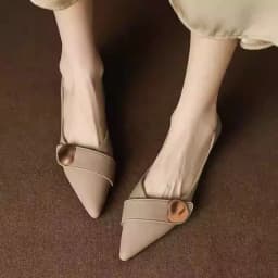 Pointed Toe Low Heel Pumps for Women, New Metal Buckle Soft Leather Office Shoes, French Style Chunky Heel Work Flats