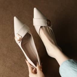 Pointed Toe Low Heel Pumps for Women, New Metal Buckle Soft Leather Office Shoes, French Style Chunky Heel Work Flats