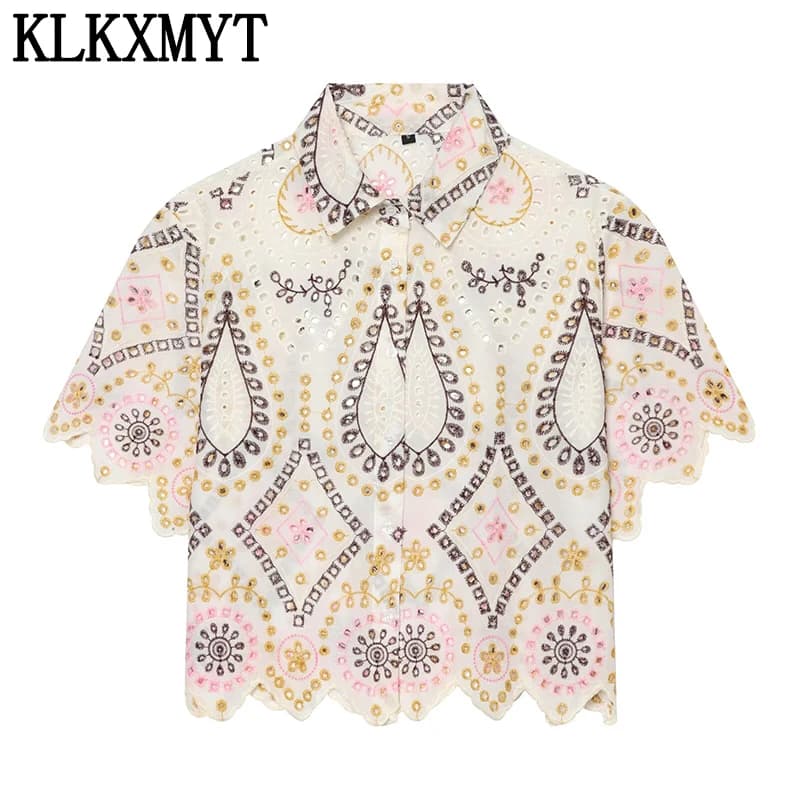 KLKXMYT Women's Fashion Hollow Out Embroidery Shirt Summer Short Sleeve Casual Daily Commute Wear Elegant Blouse Top