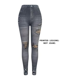 【Non-Denim】Women's Faux Denim Print Leggings, Sports Casual Skinny Pants, Thin Soft Skin-Friendly Yoga Pants, All Seasons Wear L