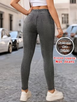 【Non-Denim】Women's Faux Denim Print Leggings, Sports Casual Skinny Pants, Thin Soft Skin-Friendly Yoga Pants, All Seasons Wear L
