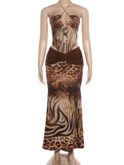 Weird Puss Leopard Print 2 Piece Set Women Cross Chain Halter Backless Irregular Hem Tank Top+Ruched Patchwork Skirt Party Suits