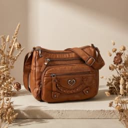 Soft Leather Crossbody Bag, Multi Zipper Pocket Shoulder Purse with Braided Heart Metal Accents, Casual Everyday Organizer Bag