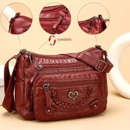 Soft Leather Crossbody Bag, Multi Zipper Pocket Shoulder Purse with Braided Heart Metal Accents, Casual Everyday Organizer Bag