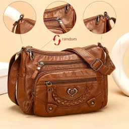 Soft Leather Crossbody Bag, Multi Zipper Pocket Shoulder Purse with Braided Heart Metal Accents, Casual Everyday Organizer Bag
