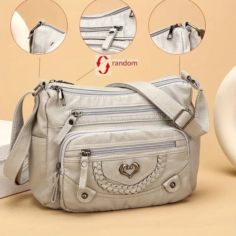 Soft Leather Crossbody Bag, Multi Zipper Pocket Shoulder Purse with Braided Heart Metal Accents, Casual Everyday Organizer Bag