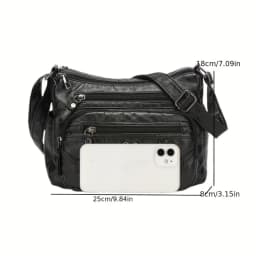 Soft Leather Crossbody Bag, Multi Zipper Pocket Shoulder Purse with Braided Heart Metal Accents, Casual Everyday Organizer Bag