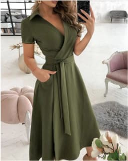 Women's Short Sleeve Wrap Dress V Neck Midi Dress With Self Tie Belt And Side Pockets For Casual Party Evening Wear