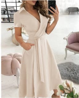 Women's Short Sleeve Wrap Dress V Neck Midi Dress With Self Tie Belt And Side Pockets For Casual Party Evening Wear