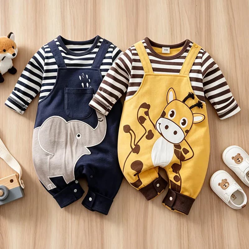 Newborn Baby Rompers Elephant & Giraffe Print Striped Long Sleeve Cotton Soft Jumpsuit Fall Winter Outfit for Toddler Boys Girls