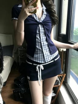 Genayooa Japanese Y2k Patchwork Fake Two Pieces Tops Short Sleeve Plaid Vintage Tops American Retro 90s Shirt Women Streetwear