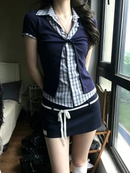 Genayooa Japanese Y2k Patchwork Fake Two Pieces Tops Short Sleeve Plaid Vintage Tops American Retro 90s Shirt Women Streetwear