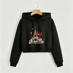 Paris Eiffel Tower with Butterfly Hoodies Cropped Sweatshirt Crop Top Hoodie Y2k Sweatshirts Gothic Casual Style Clothes