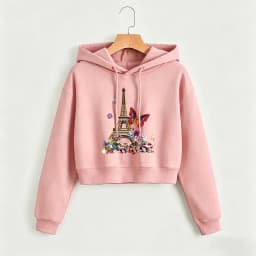 Paris Eiffel Tower with Butterfly Hoodies Cropped Sweatshirt Crop Top Hoodie Y2k Sweatshirts Gothic Casual Style Clothes