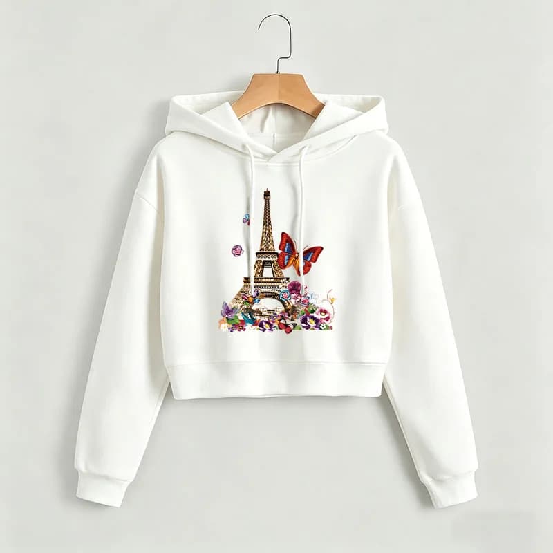 Paris Eiffel Tower with Butterfly Hoodies Cropped Sweatshirt Crop Top Hoodie Y2k Sweatshirts Gothic Casual Style Clothes