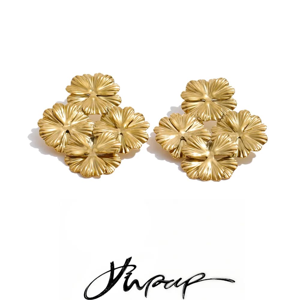 Yhpup 53*62mm Stainless Steel Metal Petal Flower Big Stud Earrings for Women 2026 Fashion Golden Statement Jewelry Waterproof