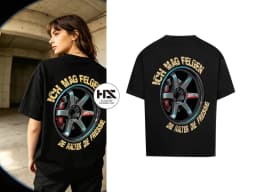 Men's Car Enthusiast Print T-Shirt Crew Neck Cotton Shirt with Ich Mag Felgen 5-Spoke Racing Wheel Design Urban Streetwear Style