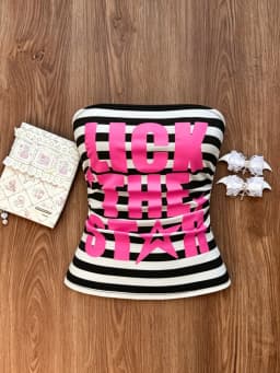 Y2K Black White Striped Tube Top Women With Pink Letter And Star Print