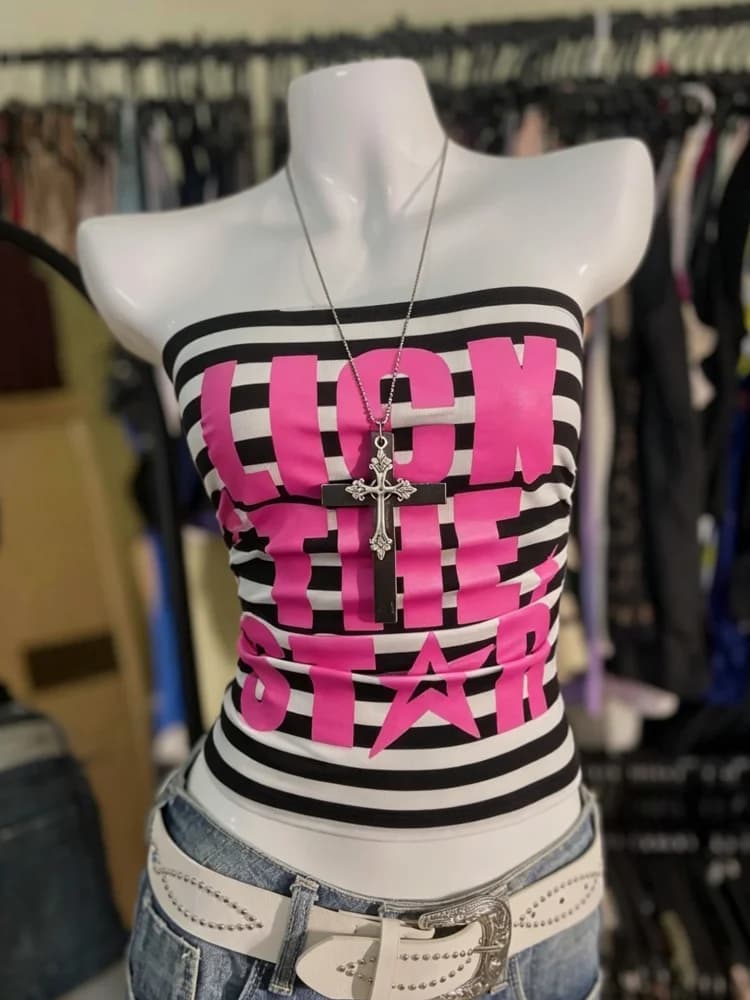 Y2K Black White Striped Tube Top Women With Pink Letter And Star Print