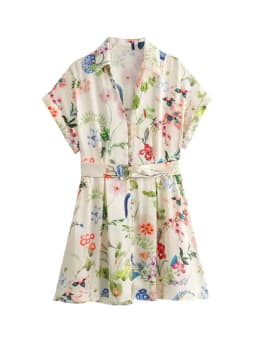 HH Boho Women Short Sleeve Summer Floral Print Dress Single Breasted Belt Slim Dress Woman Casual Vacation Beach Mini Dresses