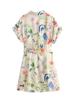 HH Boho Women Short Sleeve Summer Floral Print Dress Single Breasted Belt Slim Dress Woman Casual Vacation Beach Mini Dresses