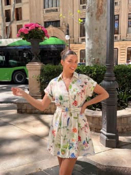 HH Boho Women Short Sleeve Summer Floral Print Dress Single Breasted Belt Slim Dress Woman Casual Vacation Beach Mini Dresses