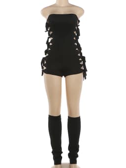 Weird Puss Hollow 2-Piece Set Women Tassel Bandage Low-Neck Sleeveless Backless Playsuits+Simple Leg Sleeve Midnight Sexy Suit