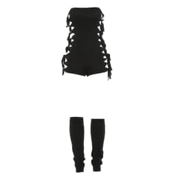 Weird Puss Hollow 2-Piece Set Women Tassel Bandage Low-Neck Sleeveless Backless Playsuits+Simple Leg Sleeve Midnight Sexy Suit