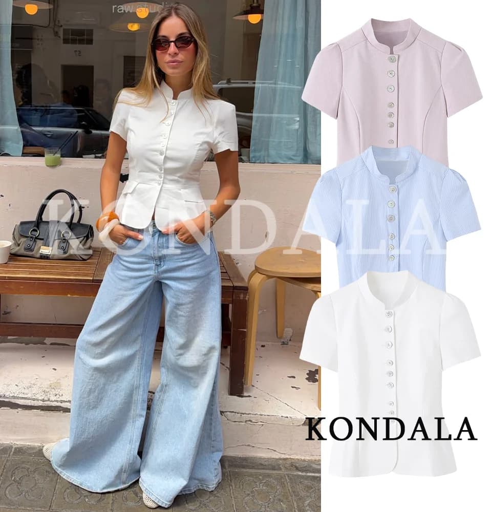 Women Chic Leisure Slim Short Sleeve Shirt KONDALA 2026 Summer Trendy Single-Breasted Tops Female High Street Commute Shirts Top