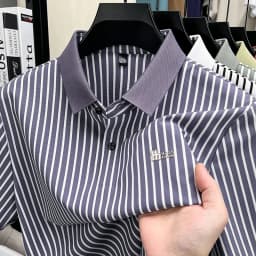 Short Sleeved T-shirt Men's Summer Striped Lapel Polo Shirt Cool Middle-aged Dad Outfit Top Versatile