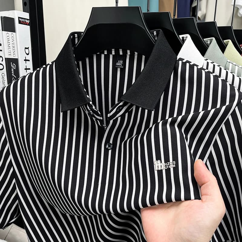 Short Sleeved T-shirt Men's Summer Striped Lapel Polo Shirt Cool Middle-aged Dad Outfit Top Versatile