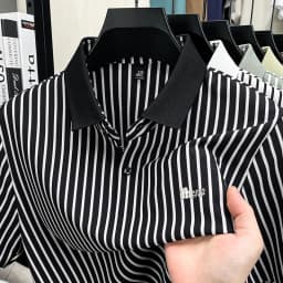 Short Sleeved T-shirt Men's Summer Striped Lapel Polo Shirt Cool Middle-aged Dad Outfit Top Versatile