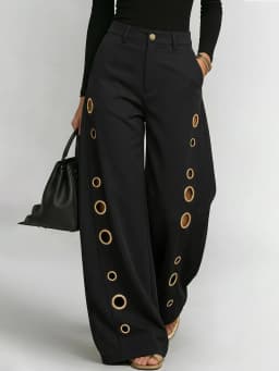 Bonboho Women's Solid Color Eyelet High Waist Wide Leg Pants 2026 Casual Streetwear Straight Leg Trousers Daily Wear Bottoms
