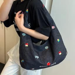 Zipper Closure Shoulder Bag Korean Style Embroidered Design Denim Tote Bag Sweet Style Cute Design Large-capacity Bag Casual Use