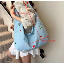 Zipper Closure Shoulder Bag Korean Style Embroidered Design Denim Tote Bag Sweet Style Cute Design Large-capacity Bag Casual Use