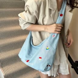 Zipper Closure Shoulder Bag Korean Style Embroidered Design Denim Tote Bag Sweet Style Cute Design Large-capacity Bag Casual Use