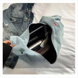 Zipper Closure Shoulder Bag Korean Style Embroidered Design Denim Tote Bag Sweet Style Cute Design Large-capacity Bag Casual Use