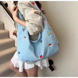 Zipper Closure Shoulder Bag Korean Style Embroidered Design Denim Tote Bag Sweet Style Cute Design Large-capacity Bag Casual Use