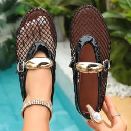 In Summer, Wear Round Toe, Straight Buckles, Casual and Comfortable, Women's Flats, Cut-out Mary Jane Single Shoes,fishnet Shoes