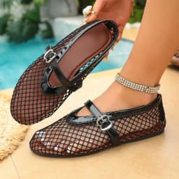 In Summer, Wear Round Toe, Straight Buckles, Casual and Comfortable, Women's Flats, Cut-out Mary Jane Single Shoes,fishnet Shoes