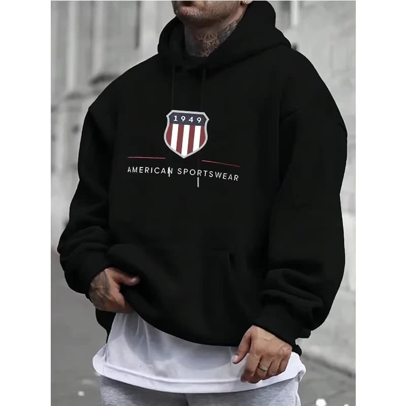 2026 Men's hooded sweatshirt men's warm sweatshirt urban fashion casual loose fresh printed in 1949