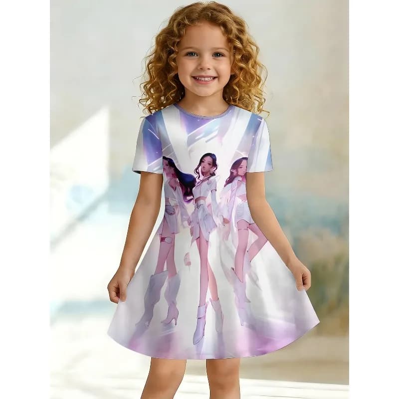 Girl K-Pop Star Group Stage Print Dress, White and Purple Short Sleeved T-shirt Dress Suitable for Birthday Gifting and Parties