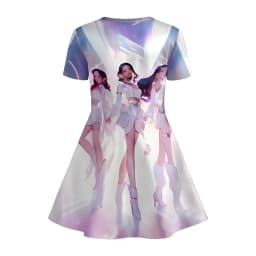 Girl K-Pop Star Group Stage Print Dress, White and Purple Short Sleeved T-shirt Dress Suitable for Birthday Gifting and Parties