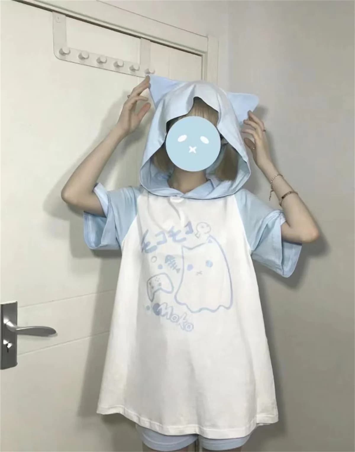 Korean Kawaii Cat Ears Hoodie Tops Women Y2k Short Sleeve Sweatshirts T-shirts 2024 Summer New Mid-length Loose Pullovers