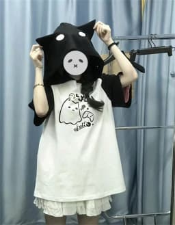 Korean Kawaii Cat Ears Hoodie Tops Women Y2k Short Sleeve Sweatshirts T-shirts 2024 Summer New Mid-length Loose Pullovers