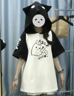 Korean Kawaii Cat Ears Hoodie Tops Women Y2k Short Sleeve Sweatshirts T-shirts 2024 Summer New Mid-length Loose Pullovers