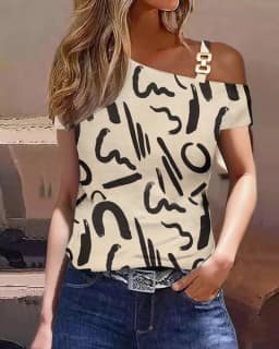 Women's Asymmetrical One Shoulder Top Abstract Print Sleeveless Blouse With Metal Chain Strap For Casual Summer Daily Wear
