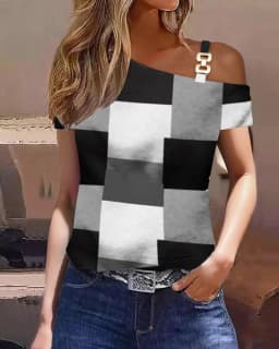 Women's Asymmetrical One Shoulder Top Abstract Print Sleeveless Blouse With Metal Chain Strap For Casual Summer Daily Wear